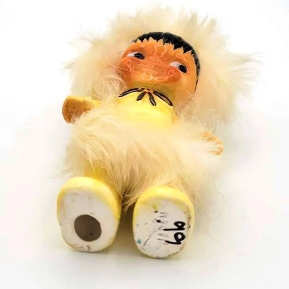 Rare Adorable Vintage Alaskan Native Eskimo Ceramic Kitschy Figurine w/ Real Fur
